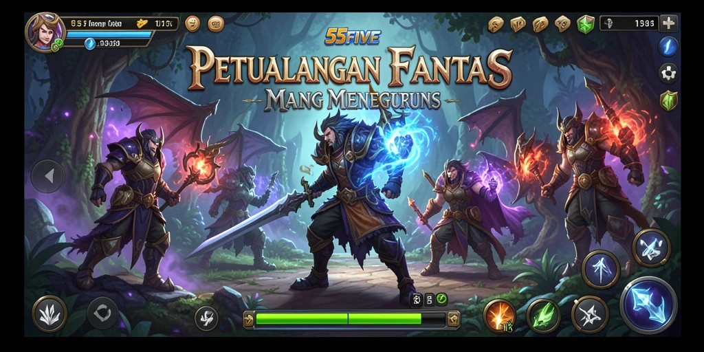 Tangkapan layar gameplay 55FIVE menampilkan aksi pertarungan epik di dunia fantasi.