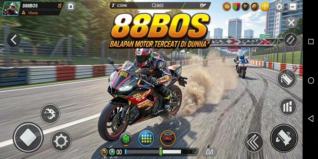 Screenshot gameplay menampilkan balapan motor yang intens dan mendebarkan.