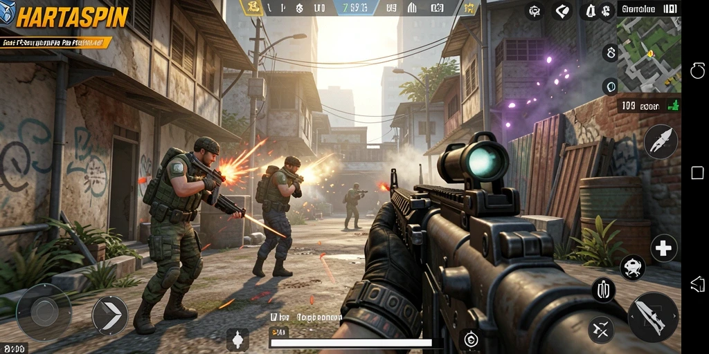 Tampilan seru dari gameplay intens HARTASPIN di battlefield FPS.