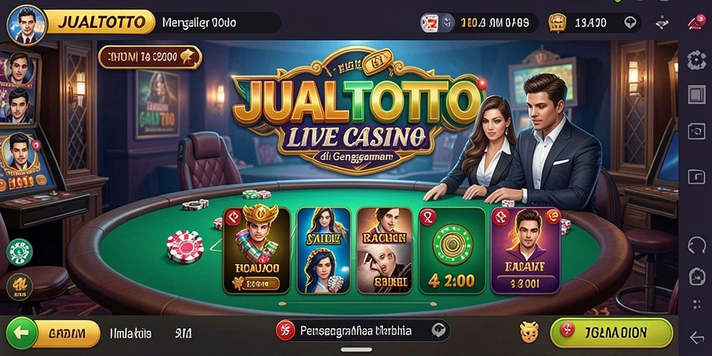 Screenshot gameplay menampilkan dealer profesional dan meja permainan Live Casino.