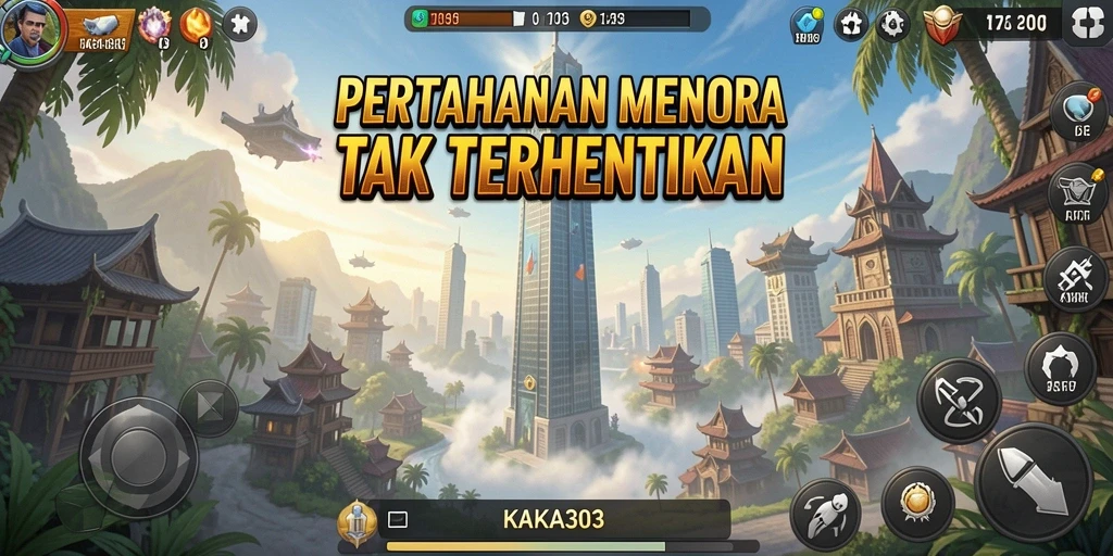 Screenshot permainan KAKA303 menampilkan aksi pertahanan menara yang menarik.
