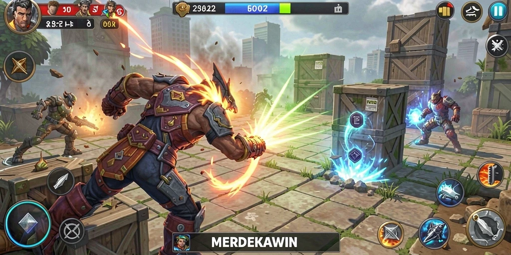 Tampilan gameplay <strong>MERDEKAWIN</strong> yang menegangkan dan penuh aksi Tower Defense.