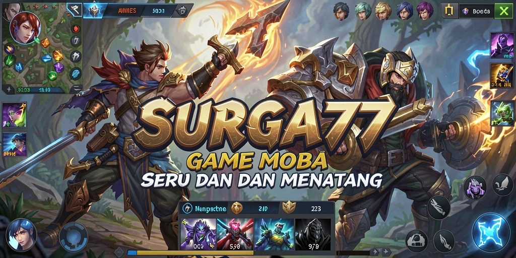 Tangkapan layar utama game SURGA77 menampilkan aksi seru di arena MOBA.
